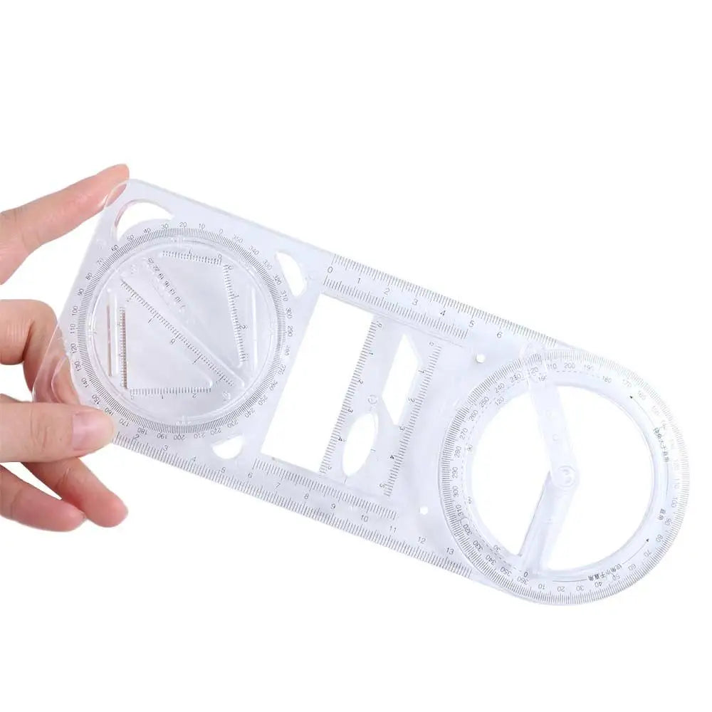 A clear plastic geometric drawing ruler with 360° rotating angles and measurement markings.