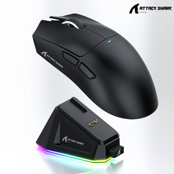 Black Attack Shark X11 Tri-Mode Wireless Gaming Mouse with an RGB charging dock