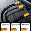 A close-up view of a 3-in-1 multi-USB fast charging cable with Type-C, Lightning, and Micro ports shown connected to a device