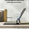 A slim Bluetooth keyboard case for an iPad Air is shown with a solid aluminum alloy bracket on a wooden surface.