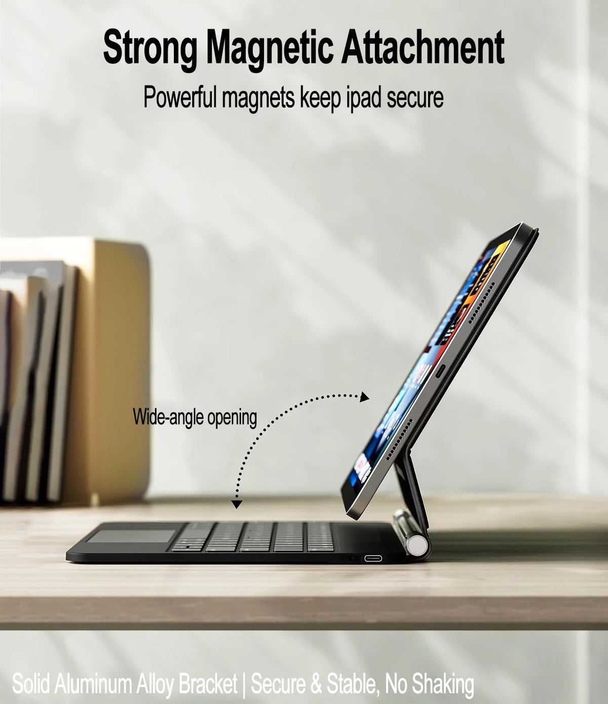 A slim Bluetooth keyboard case for an iPad Air is shown with a solid aluminum alloy bracket on a wooden surface.