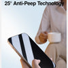 A hand holds a smartphone displaying a screen protector, emphasizing the anti-peep technology.