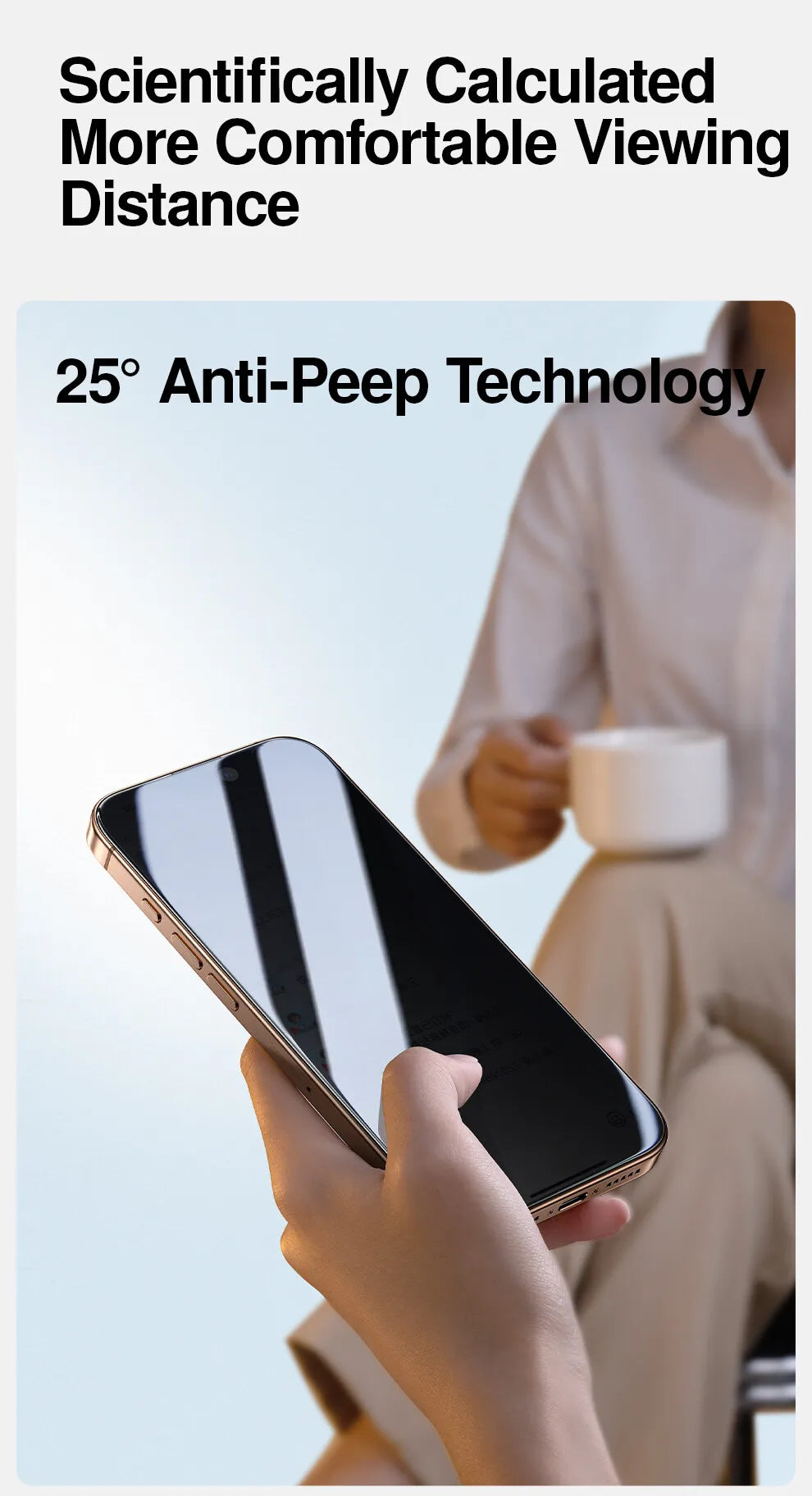 A hand holds a smartphone displaying a screen protector, emphasizing the anti-peep technology.