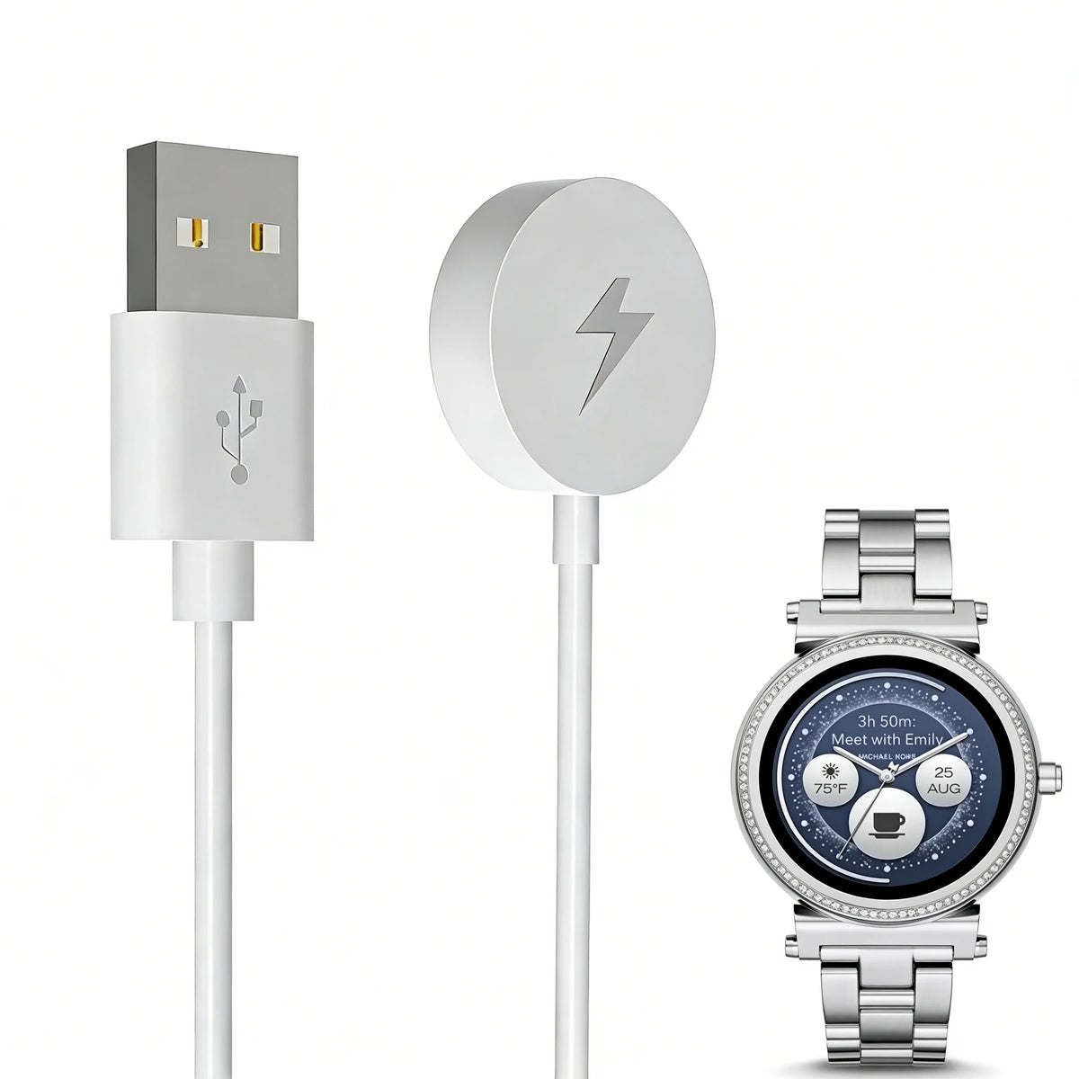 A white magnetic wireless charging cable and a silver smartwatch are shown.