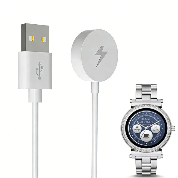 A white magnetic wireless charging cable and a silver smartwatch are shown.