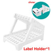 A white plastic label holder designed to organize and display thermal shipping labels.