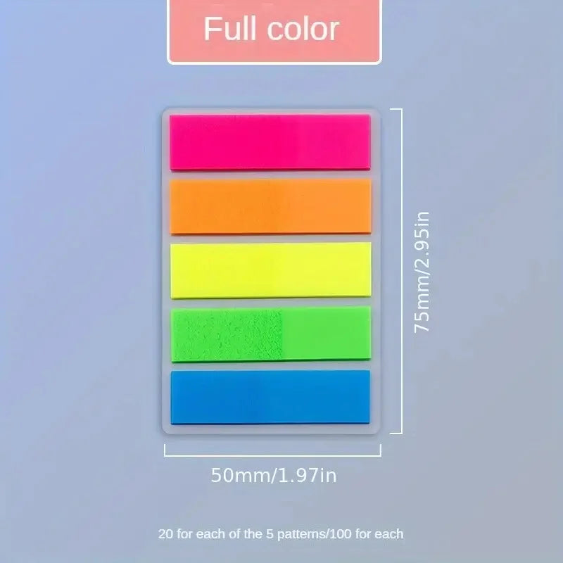 A set of five fluorescent colored sticky notes arranged vertically on a white background.