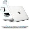 A white MacBook Air is shown with various protective cases and a clear hard shell case for the device.