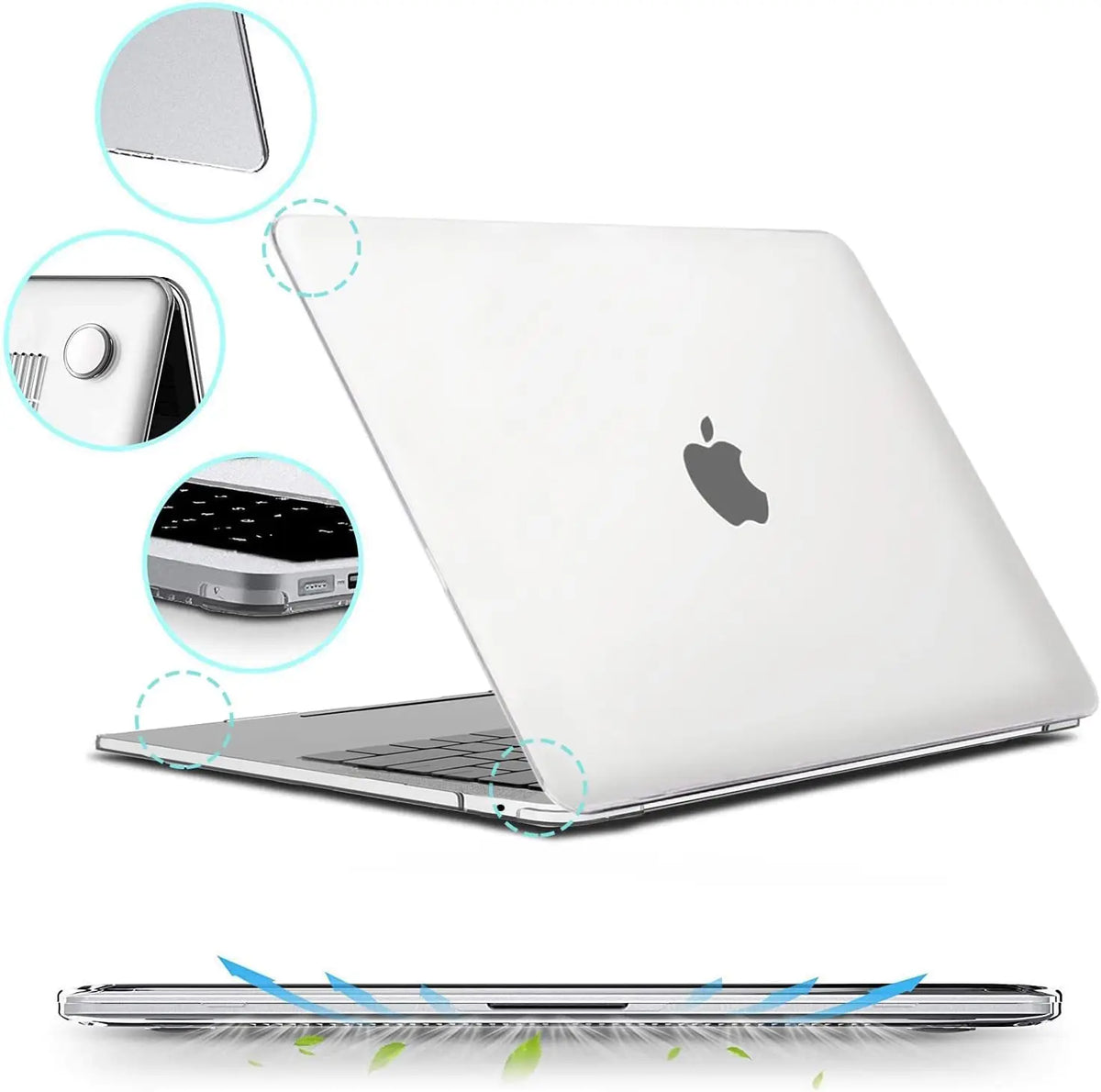 A white MacBook Air is shown with various protective cases and a clear hard shell case for the device.