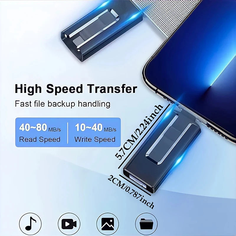 A close-up of a blue USB flash drive with connectors, demonstrating high-speed data transfer capabilities.