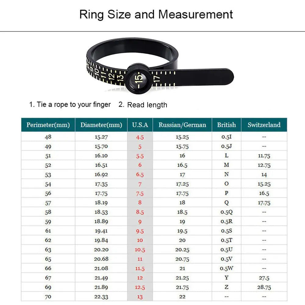 A black ring size and measurement tool with a scale for measuring finger rings.