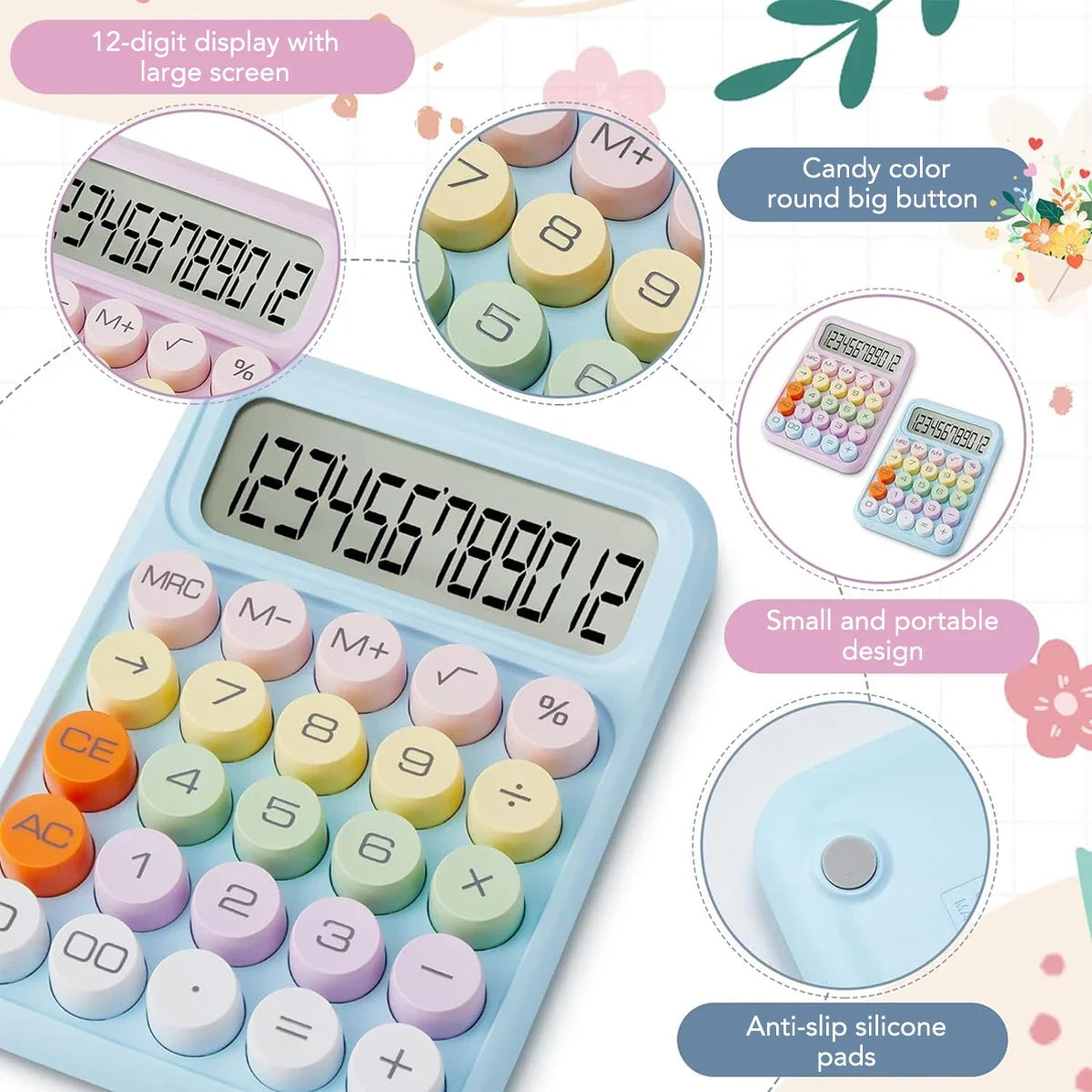 A light blue 12-digit desktop calculator with pink and green keys, featuring a large screen and anti-slip silicone pads.