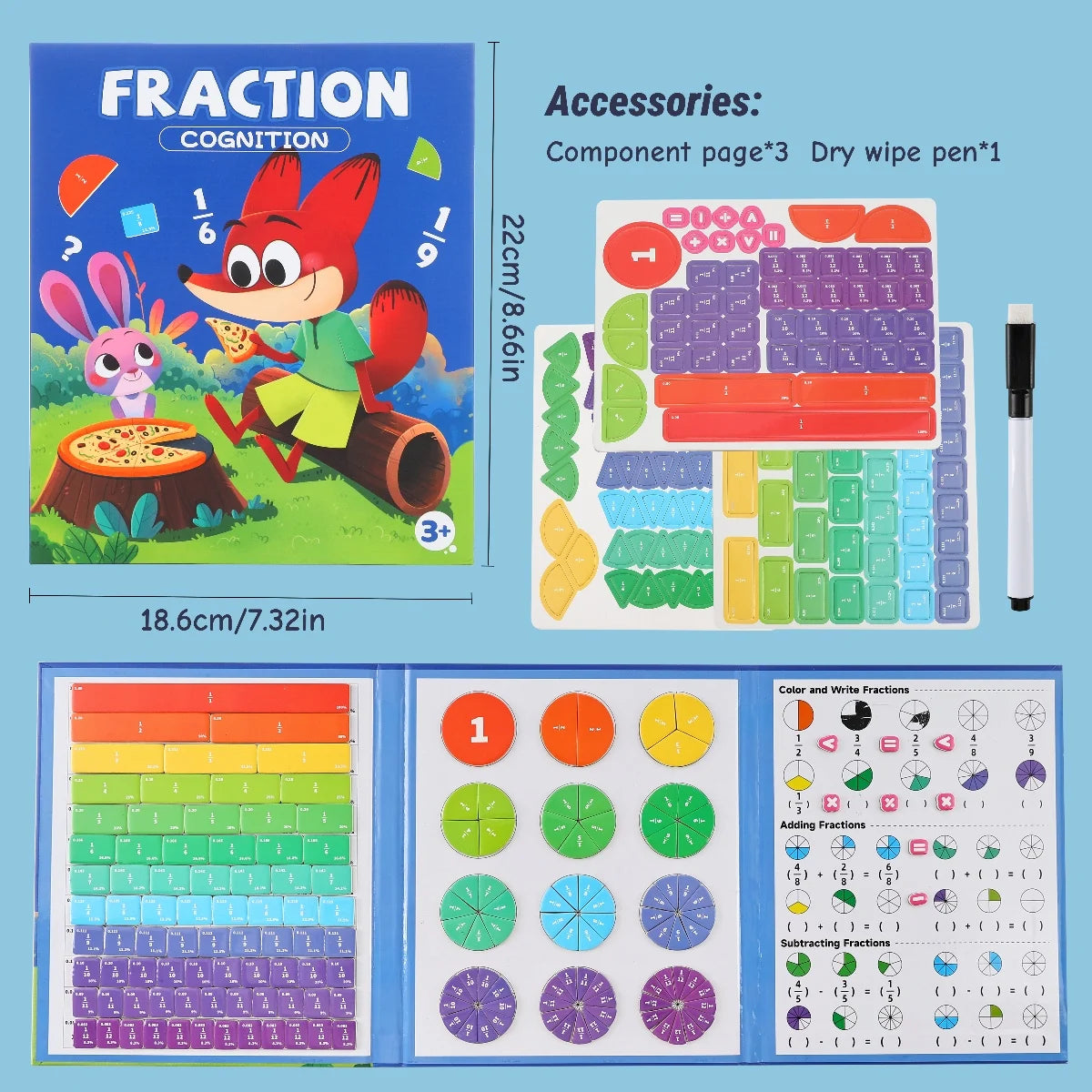 A magnetic fraction teaching set showing component pages, fraction tiles, and a writing grid.