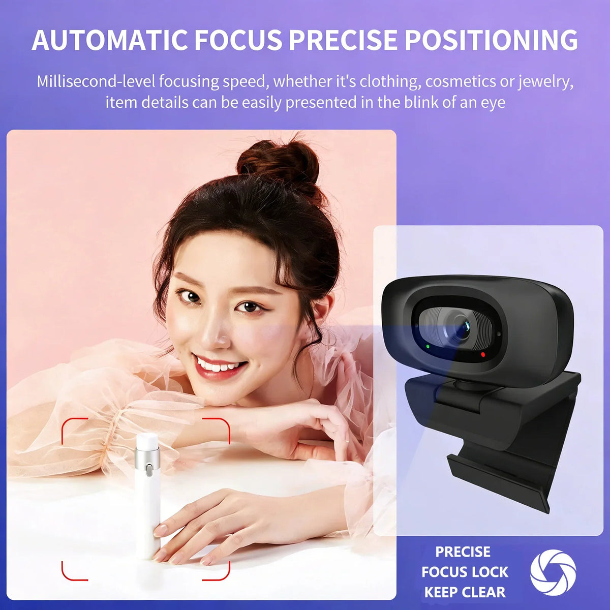 A close-up of a woman using an automatic focus camera for precise positioning of items like clothing or jewelry.