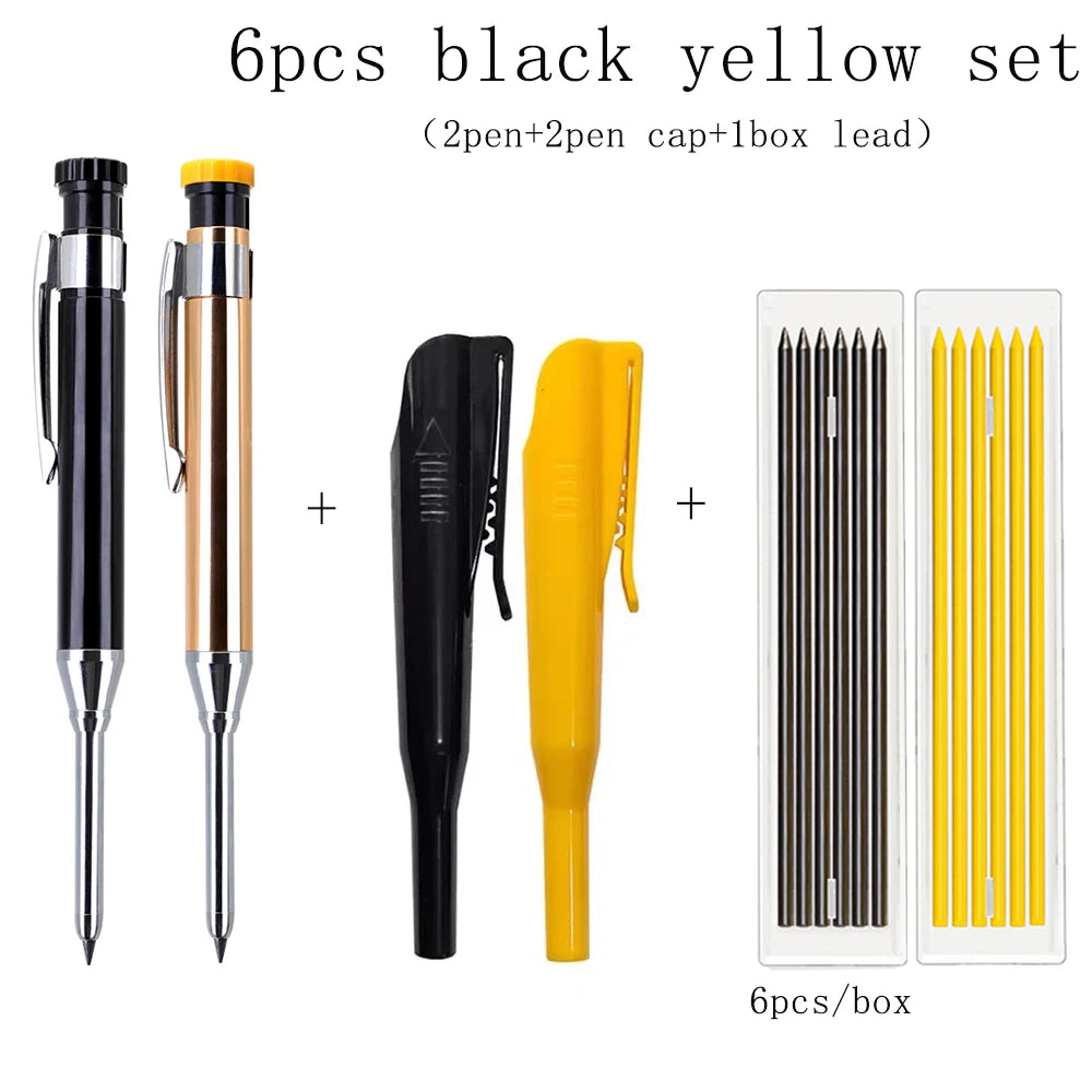 A set of six black and yellow metal carpenter pencils with built-in sharpener caps and a box.