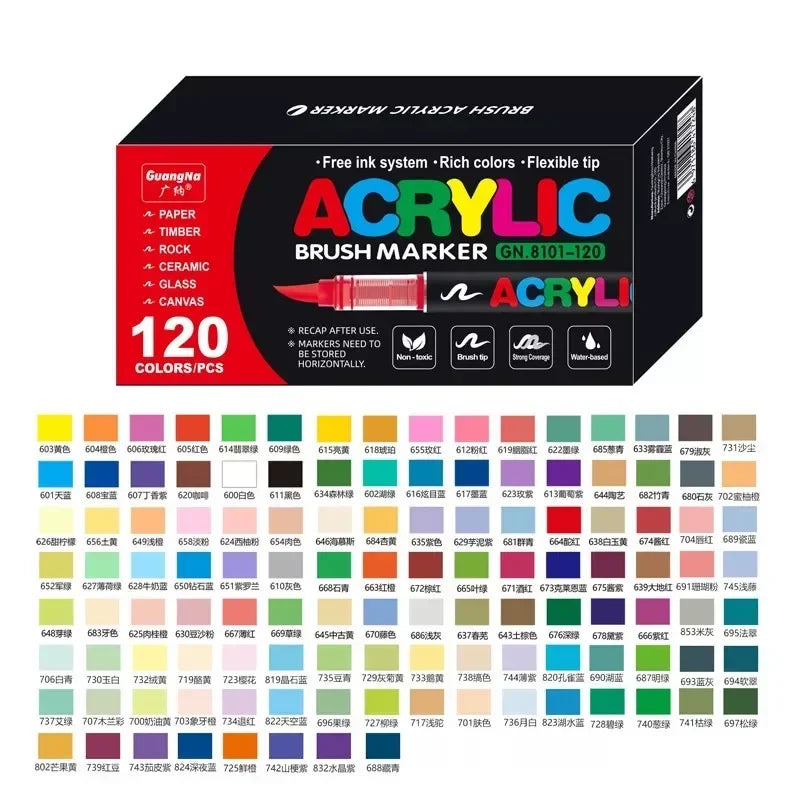 Box of 120 Acrylic Brush Markers in various colors and tips for art and crafting