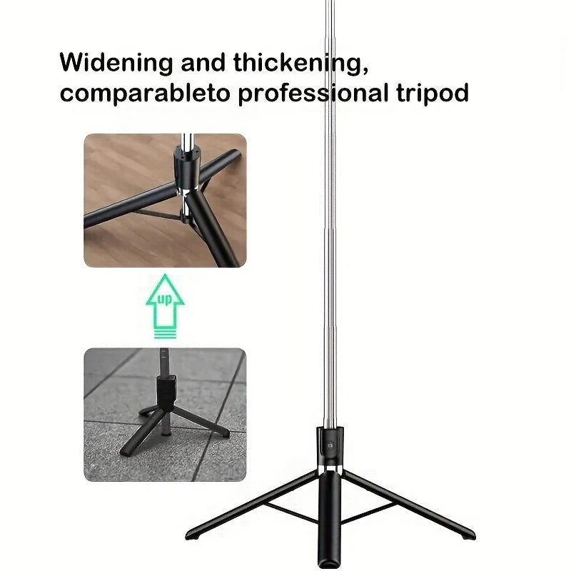 A professional extendable tripod with a black shaft and legs shown in various angles.