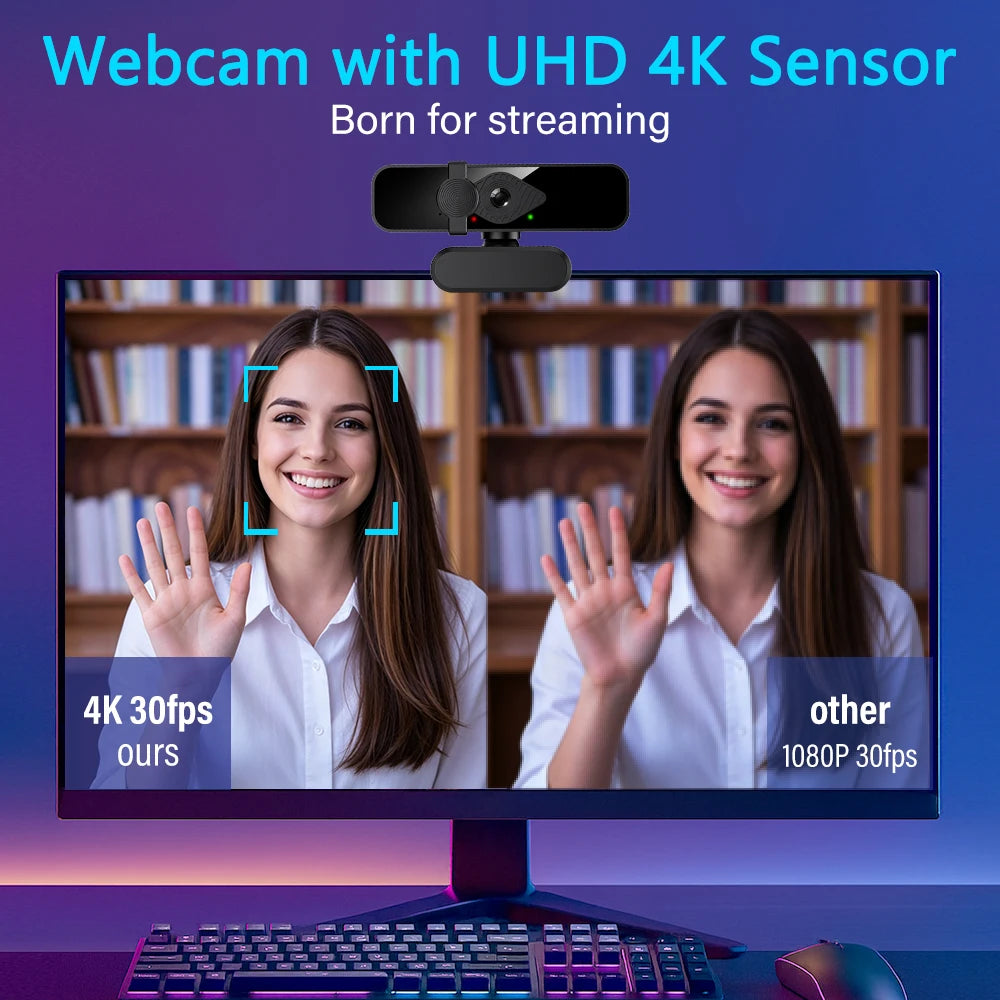 Webcam mit UHD 4K-Sensor, die Video auf einen Computerbildschirm überträgt.