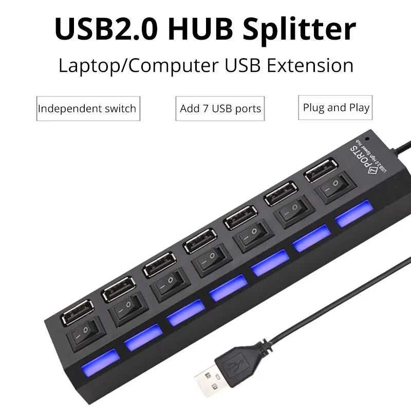 A black USB 2.0 hub splitter with seven ports and a cable for laptop extension.