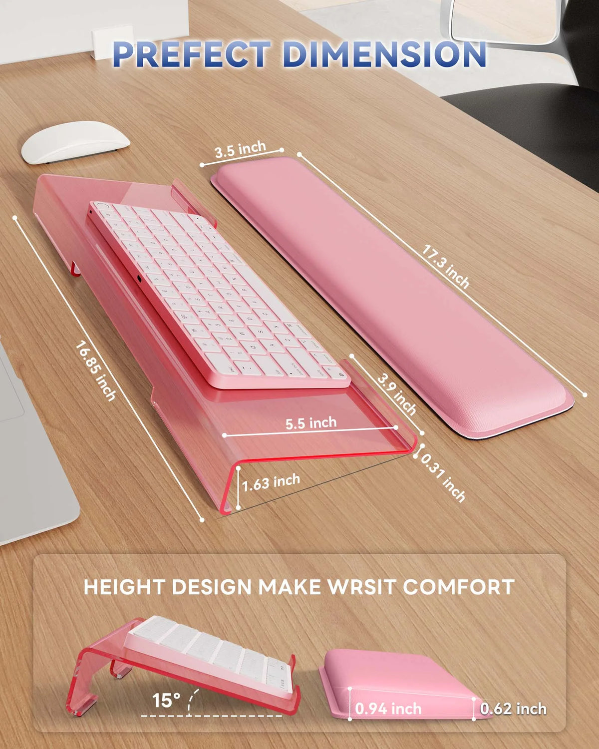 Pink acrylic keyboard wrist rest stand showing dimensions and comfort design for WRSIT