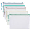 A collection of mesh zipper bags in various pastel colors including blue, green, and pink for classroom and organization.