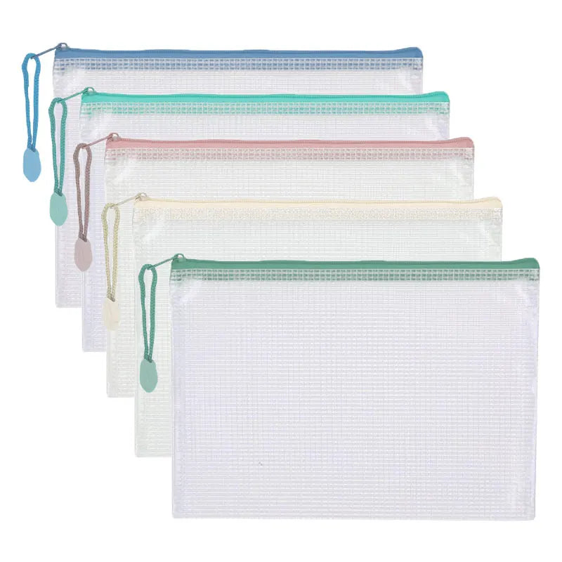 A collection of mesh zipper bags in various pastel colors including blue, green, and pink for classroom and organization.