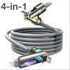 A 4-in-1 multifunctional fast charging cable with rotating connectors coiled and featuring a USB end.