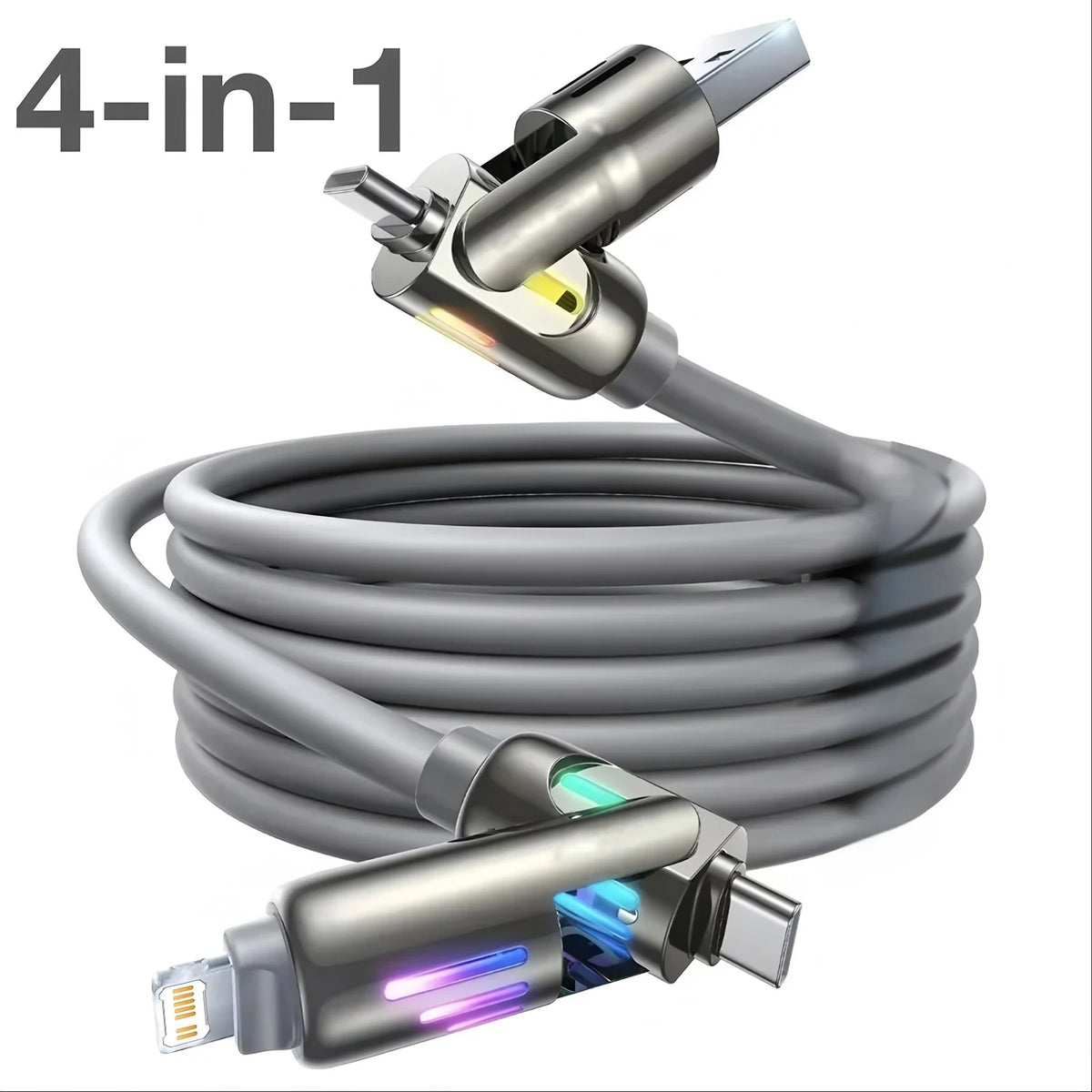 A 4-in-1 multifunctional fast charging cable with rotating connectors coiled and featuring a USB end.