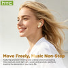 A blonde woman is smiling while wearing HTC earbuds, demonstrating their use for daily life.