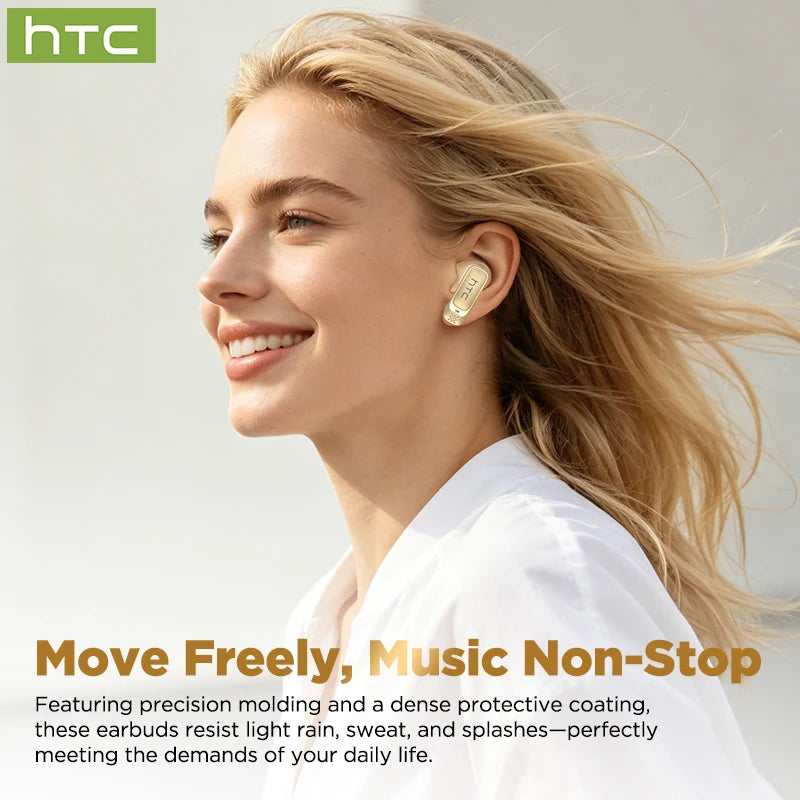 A blonde woman is smiling while wearing HTC earbuds, demonstrating their use for daily life.