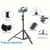A black multifunctional tripod featuring a phone clip, standard screw, flip lock, and three-legged support.