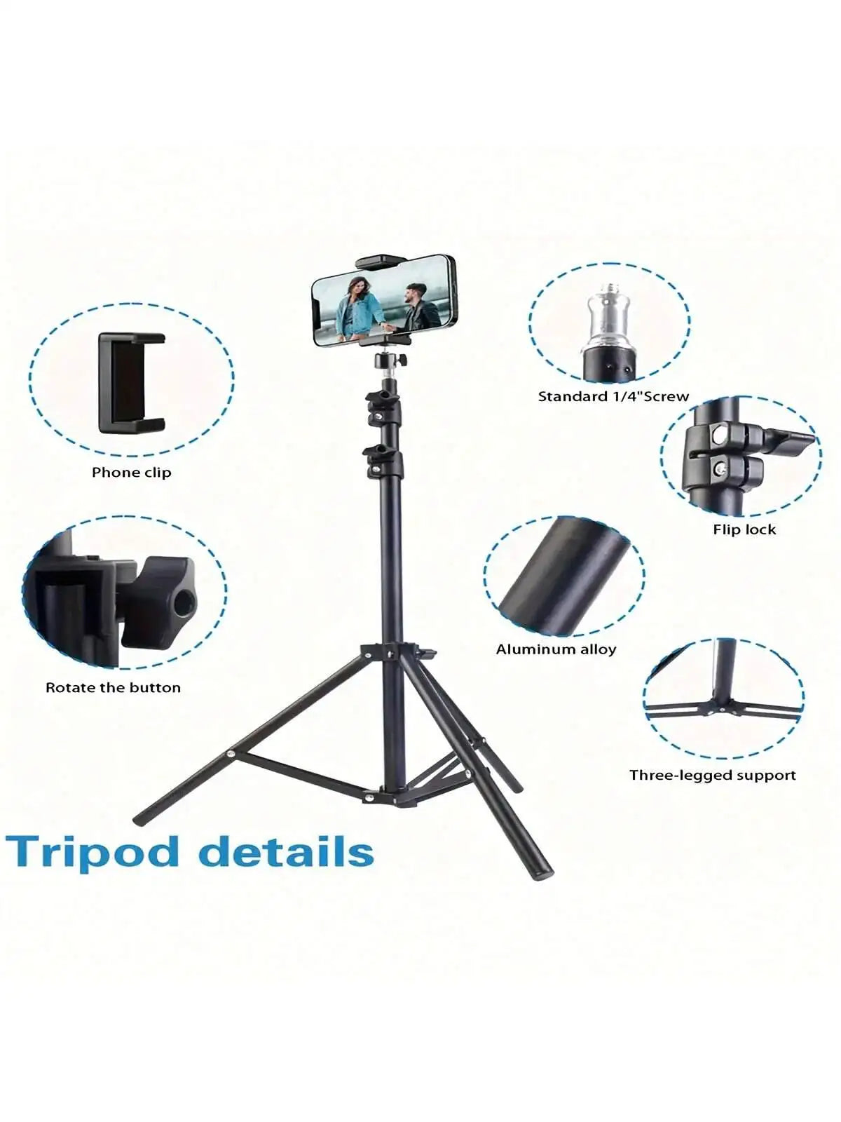 A black multifunctional tripod featuring a phone clip, standard screw, flip lock, and three-legged support.