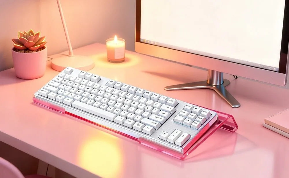 A pink acrylic keyboard riser stand with an ergonomic wrist rest is placed on a light pink desk next to a monitor and a candl
