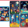 A set of four illustrated pages from a Magic Water Book featuring children and space themes.
