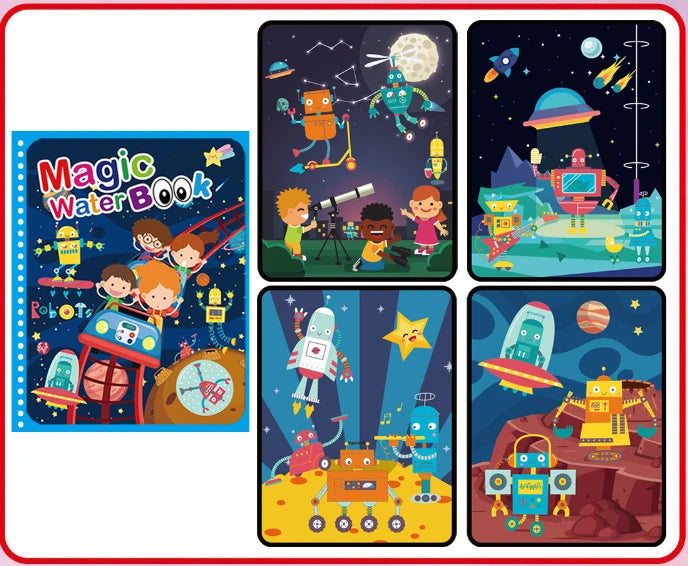 A set of four illustrated pages from a Magic Water Book featuring children and space themes.
