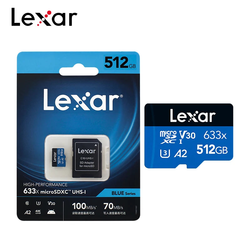 Lexar 512GB microSD card packaging showing the Lexar brand and product specifications.