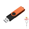 An orange and black high-capacity USB flash drive with a keyring attached.