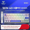 A close-up view of a WIN 60 HiMAX version magnetic axis keyboard with a white frame and purple keycaps.