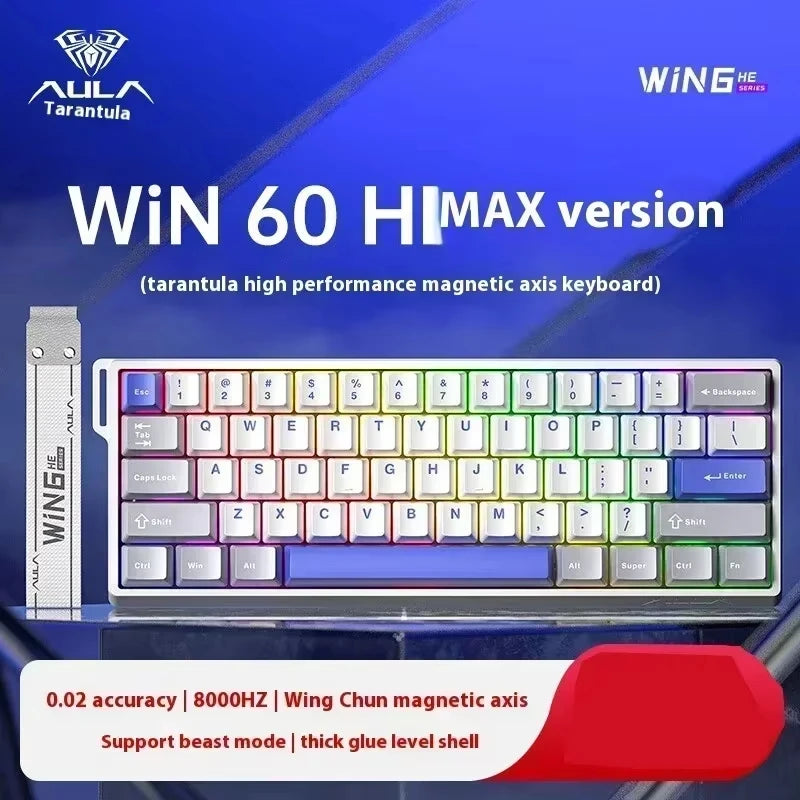 A close-up view of a WIN 60 HiMAX version magnetic axis keyboard with a white frame and purple keycaps.