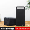 A stack of black self-adhesive envelopes is shown next to a single envelope, with dimensions marked 9x17cm.
