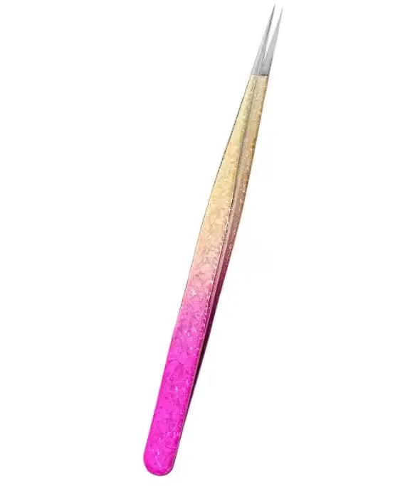 Precision eyelash extension tweezers with a gradient finish, featuring pink and gold tones.