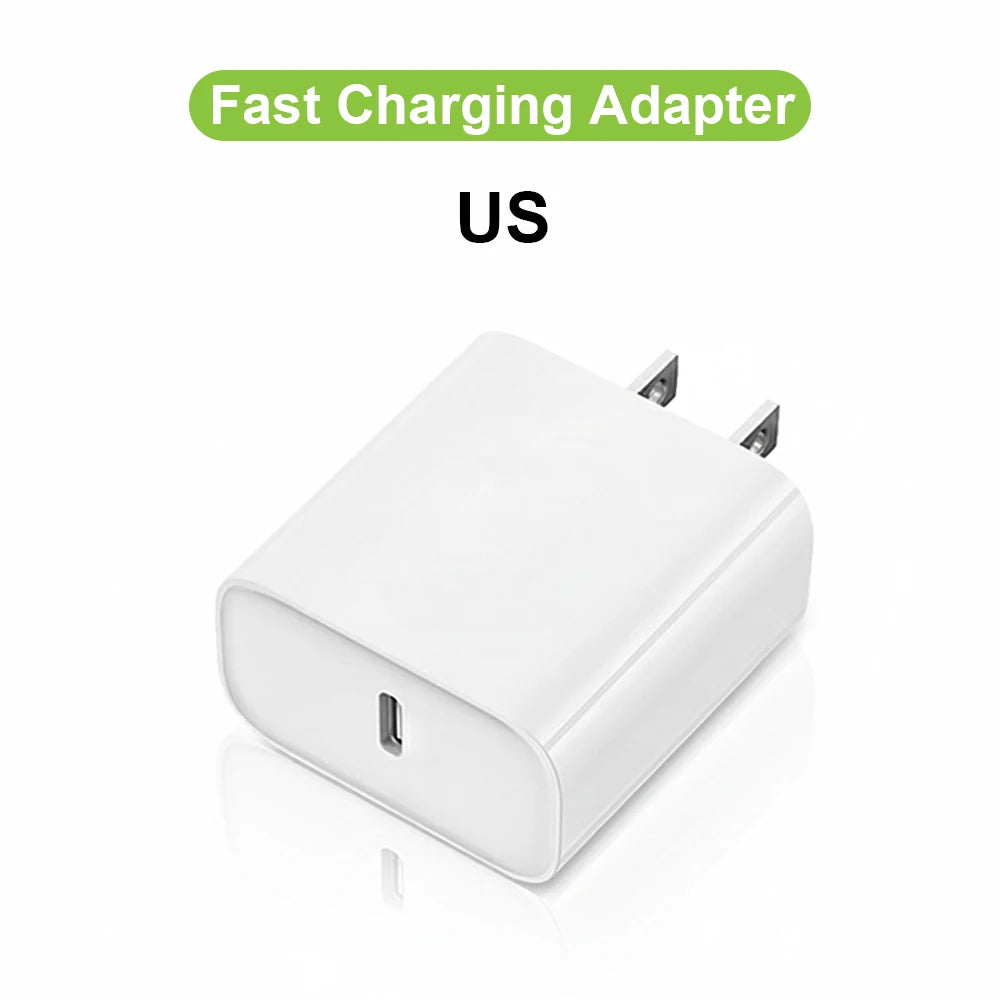 A white US fast charging adapter with a Lightning cable connector.