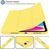 A yellow trifold smart cover for an iPad showing full access to the device features.