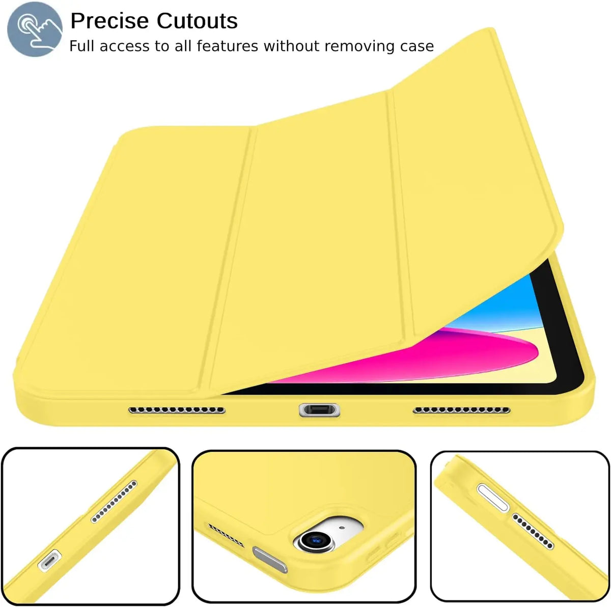 A yellow trifold smart cover for an iPad showing full access to the device features.