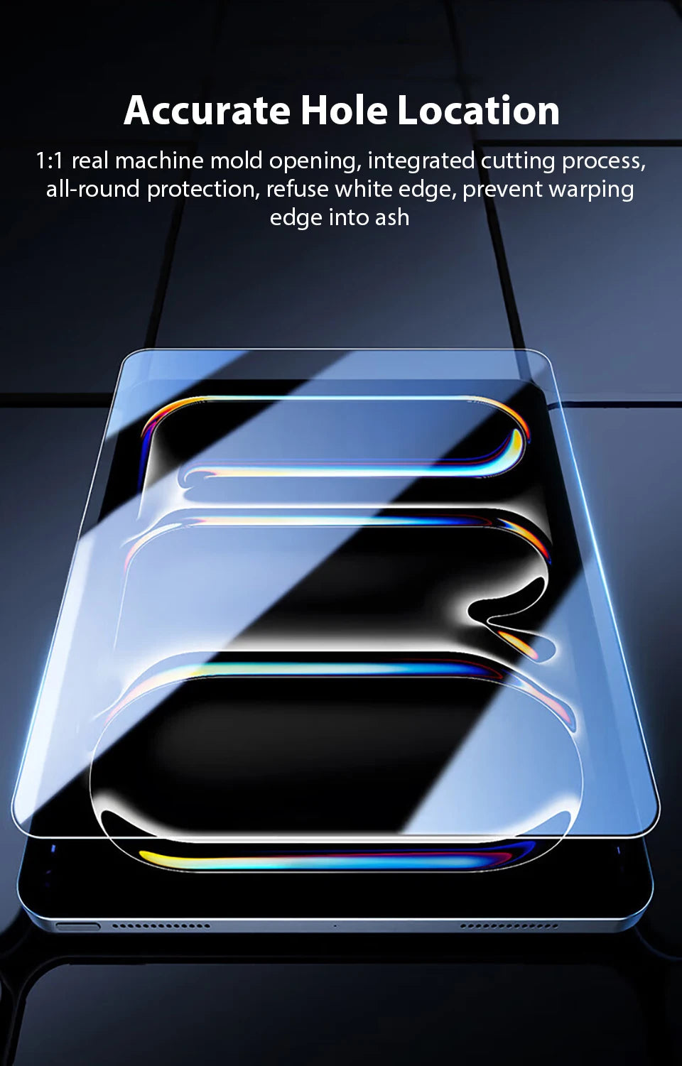 A close-up view of a clear tempered glass screen protector being applied to an Apple iPad screen.