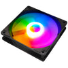 A black computer case cooling fan with a colorful RGB light visible through the fan blade.