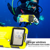 A diver wearing a wetsuit is using a yellow waterproof phone case while underwater.