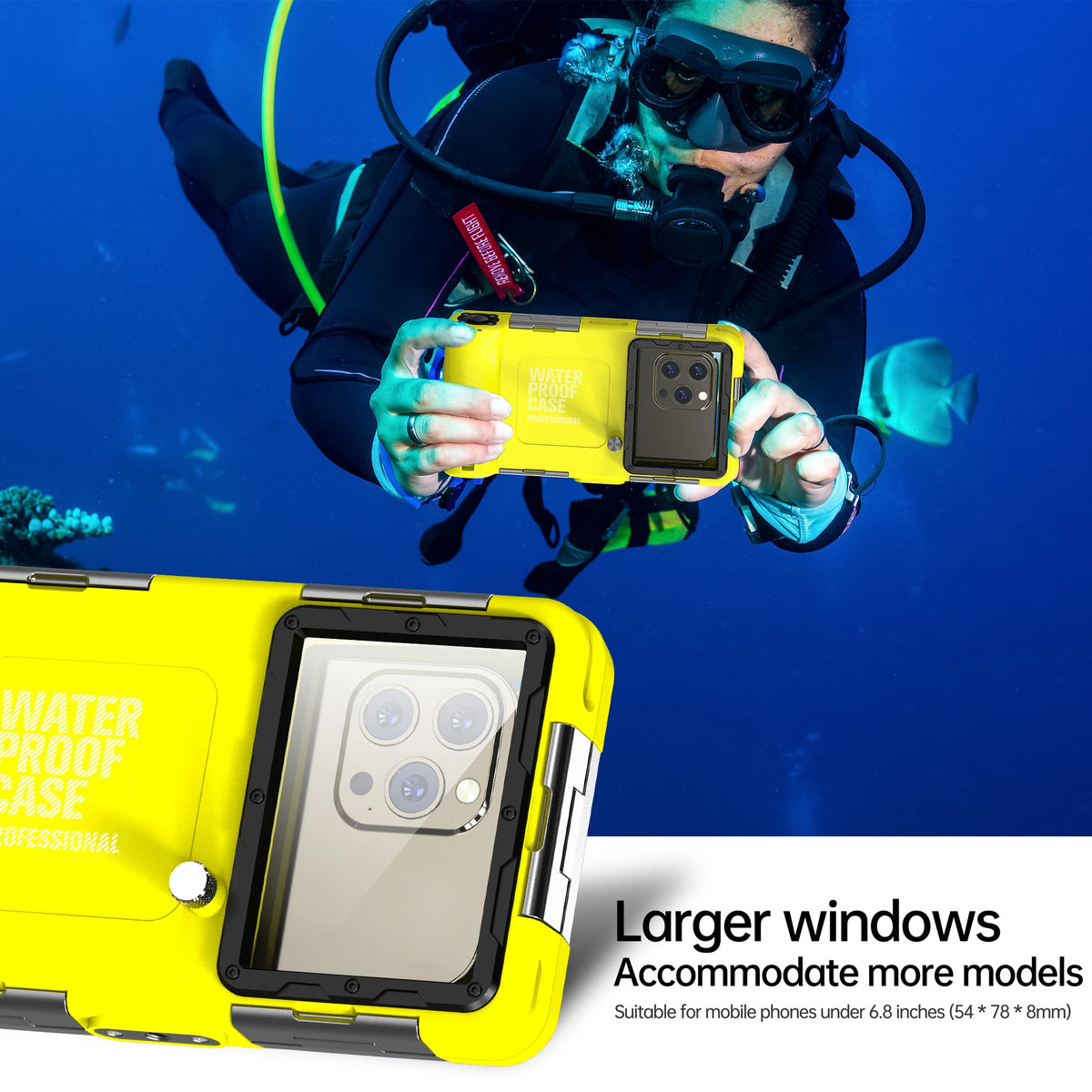 A diver wearing a wetsuit is using a yellow waterproof phone case while underwater.