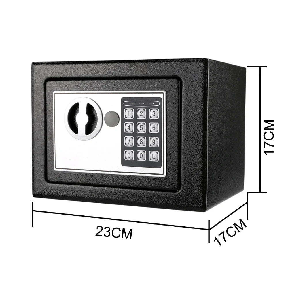 A black digital lock safe box with a keypad and a circular dial, shown from the top view.