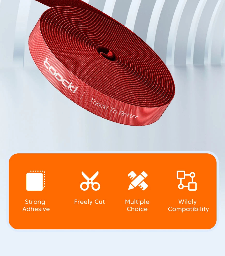 Rolle rotes Klebeband mit der Aufschrift Toocki To Better zur Kabelorganisation.